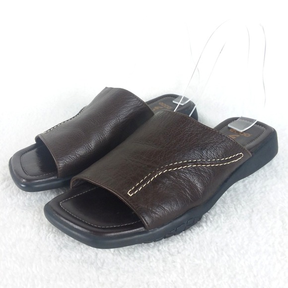 ECCO Brown Leather Slide Sandals Women's 7 Square Toe Comfort Shoes Slip On - Picture 1 of 10